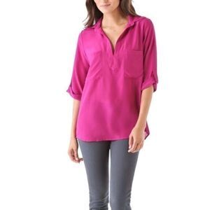 Rory Beca Laura Slouch Pocket V-Neck Top 100% Silk Navy Blue Medium